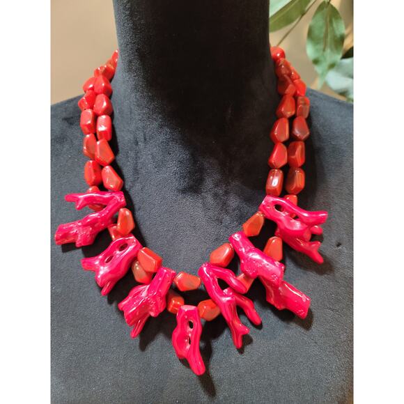 Womens Red Coral Beaded Statement Necklace With Silver Chain Adjustable Lock - Picture 1 of 6